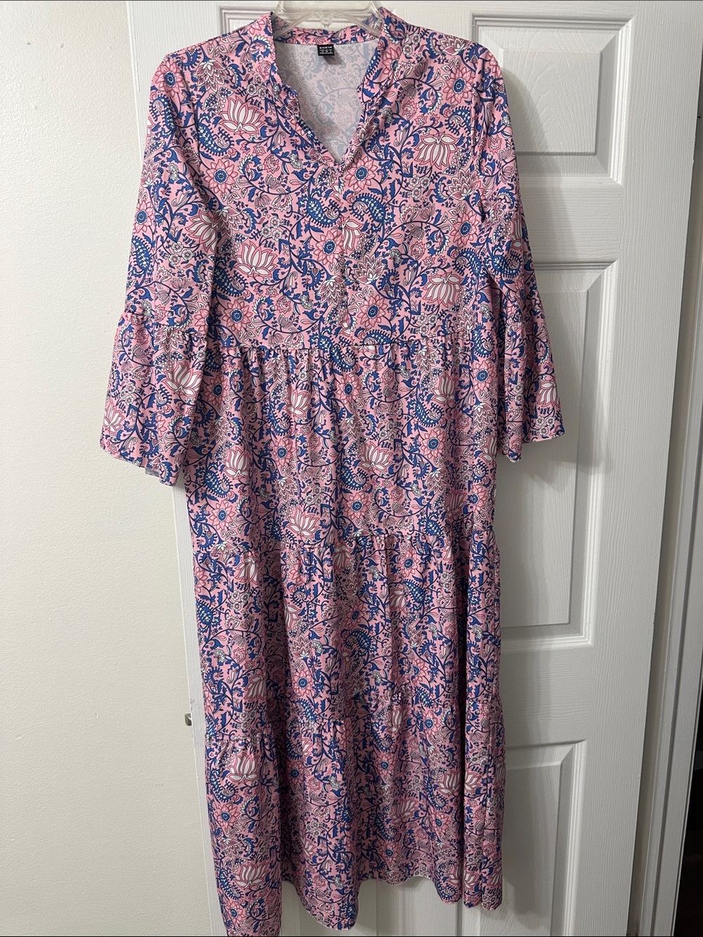 SHEIN Pink and Navy Floral Tiered Maxi Dress